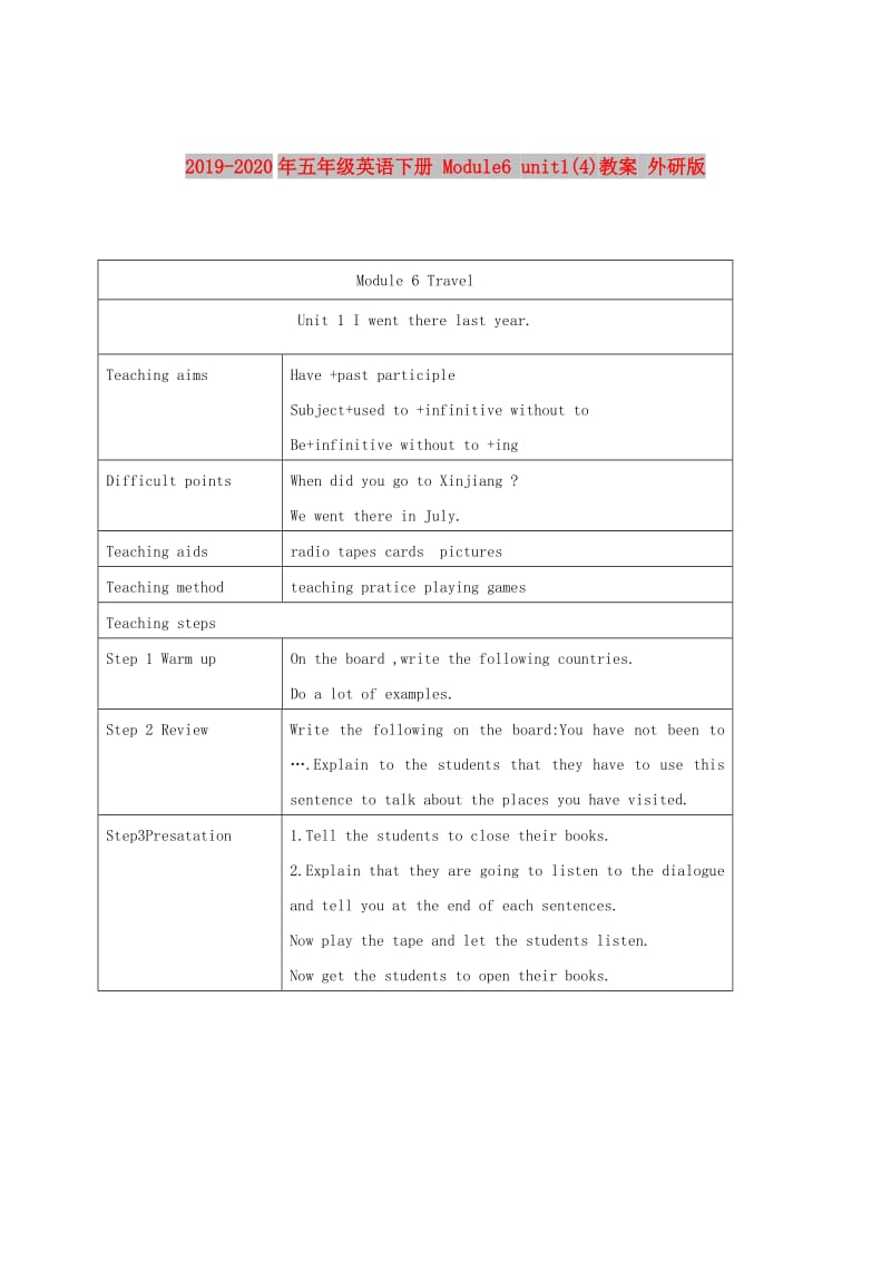 2019-2020年五年级英语下册 Module6 unit1(4)教案 外研版.doc_第1页