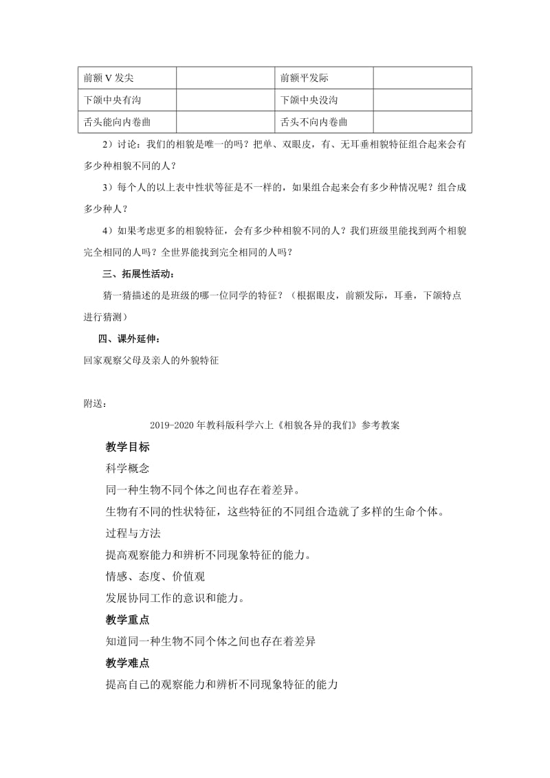 2019-2020年教科版科学六上《相貌各异的我们》word教案.doc_第2页