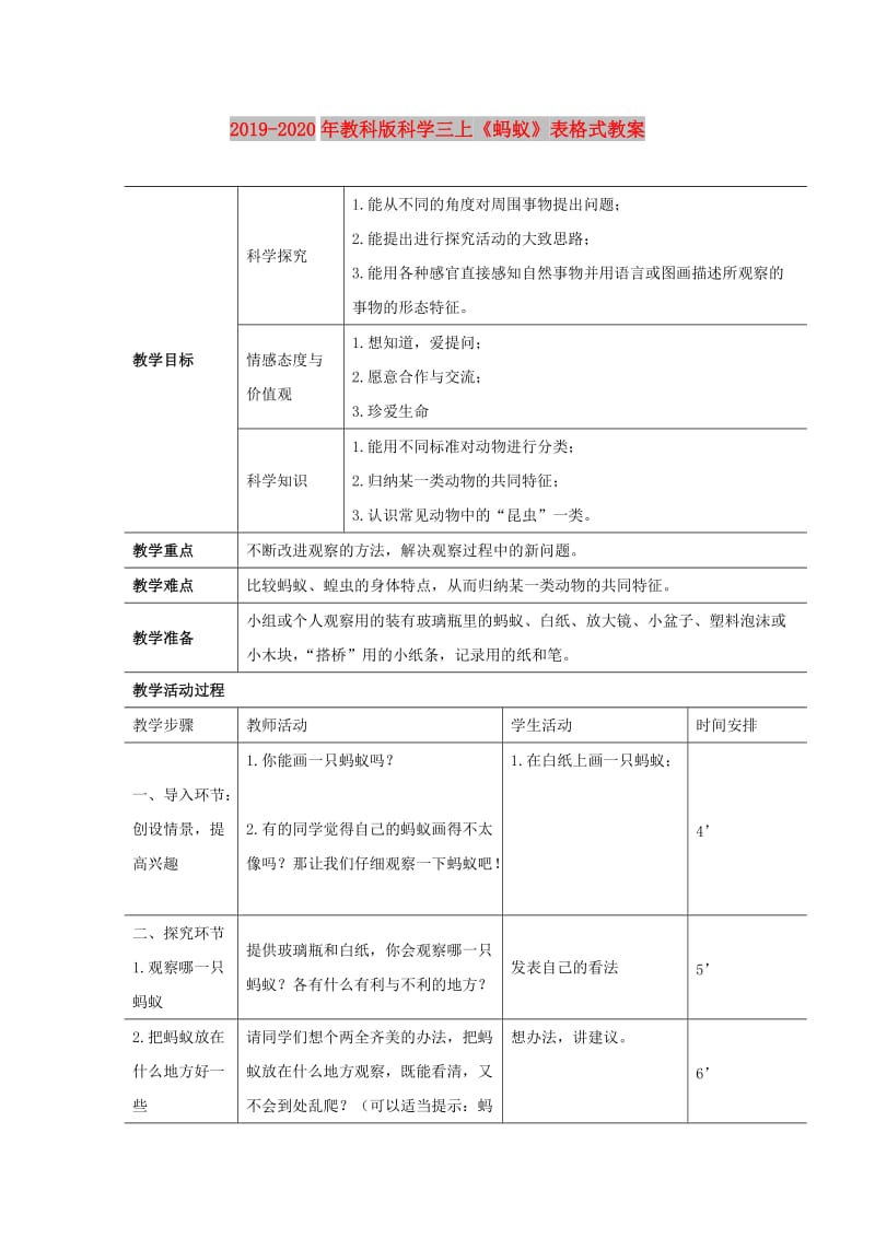 2019-2020年教科版科学三上《蚂蚁》表格式教案.doc_第1页