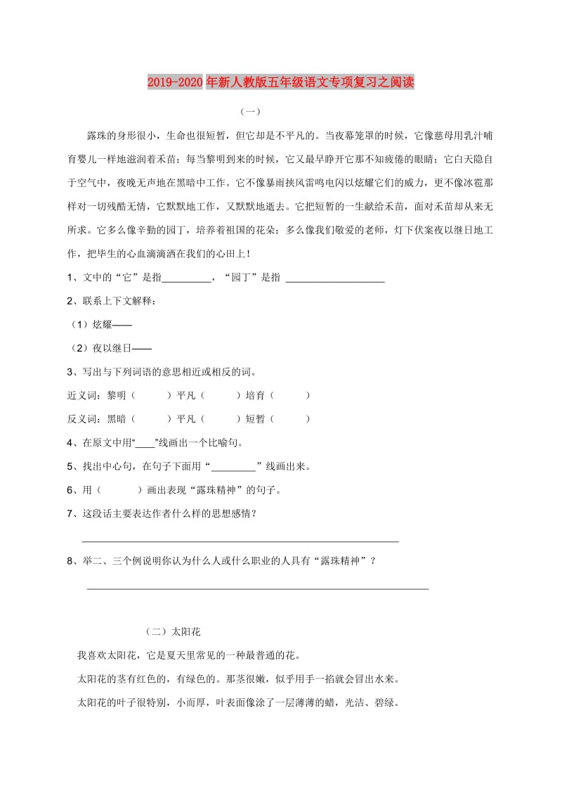 2019-2020年新人教版五年级语文专项复习之阅读.doc_第1页