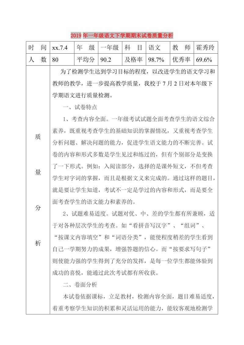 2019年一年级语文下学期期末试卷质量分析.doc_第1页