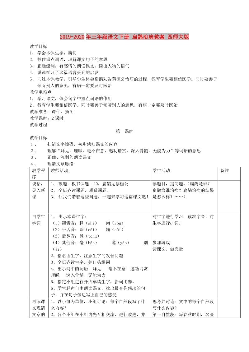 2019-2020年三年级语文下册 扁鹊治病教案 西师大版.doc_第1页