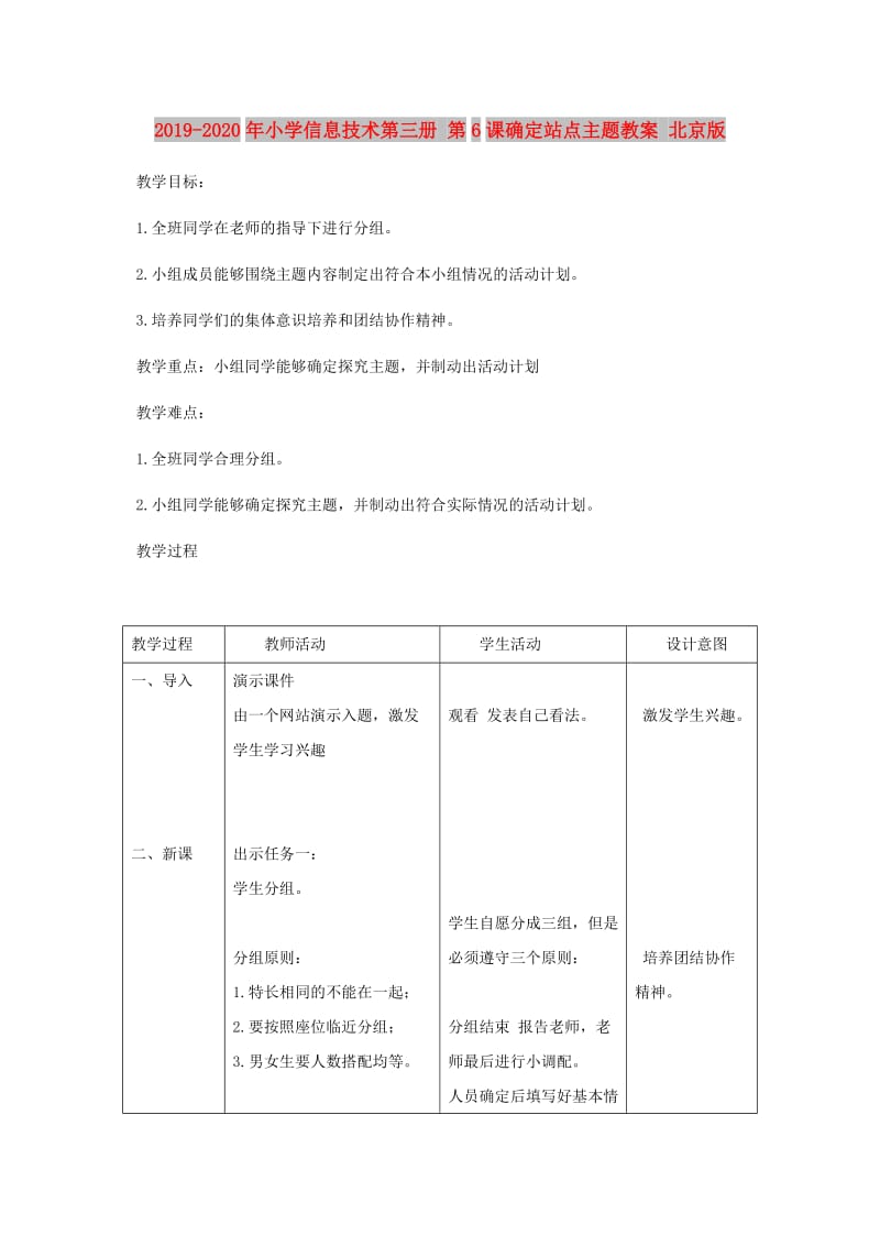 2019-2020年小学信息技术第三册 第6课确定站点主题教案 北京版.doc_第1页