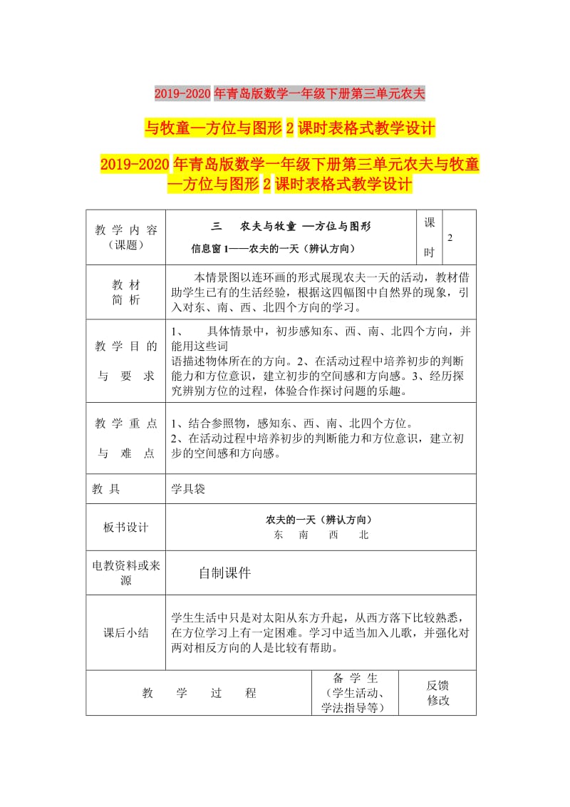 2019-2020年青岛版数学一年级下册第三单元农夫与牧童—方位与图形2课时表格式教学设计.doc_第1页