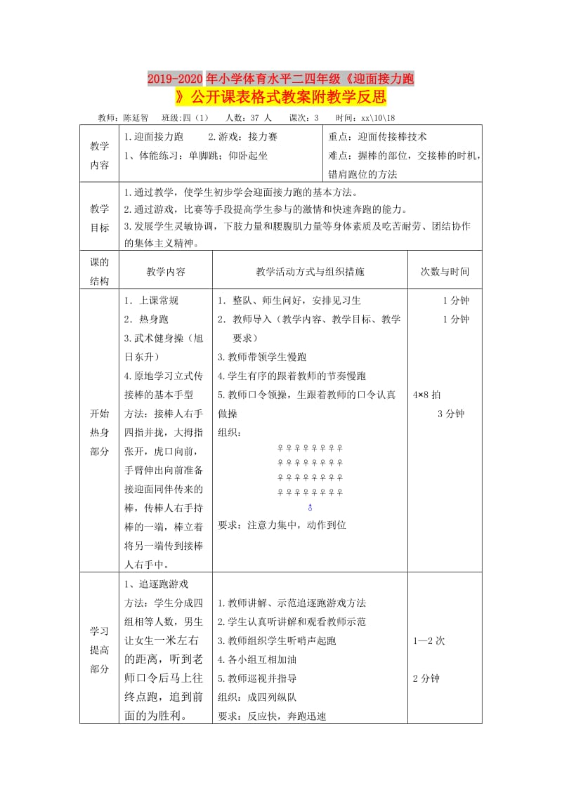 2019-2020年小学体育水平二四年级《迎面接力跑》公开课表格式教案附教学反思.doc_第1页