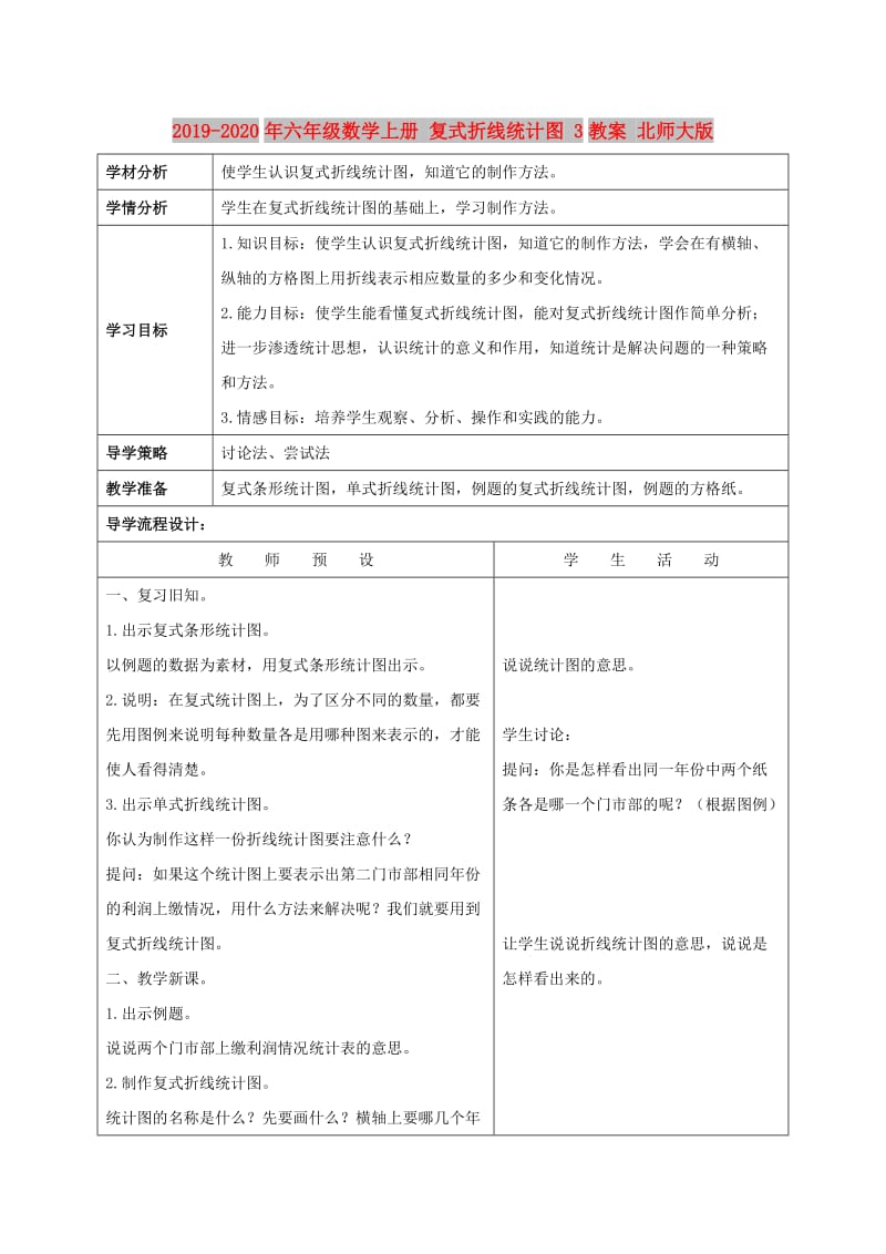 2019-2020年六年级数学上册 复式折线统计图 3教案 北师大版.doc_第1页