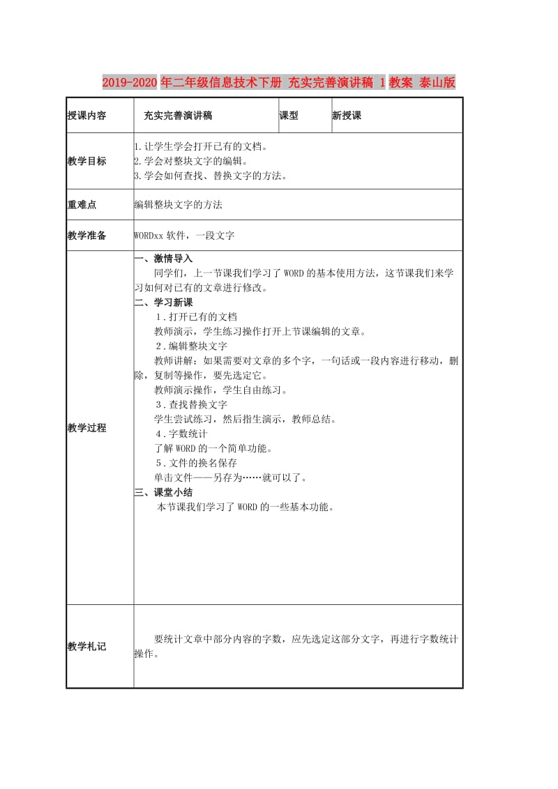 2019-2020年二年级信息技术下册 充实完善演讲稿 1教案 泰山版.doc_第1页