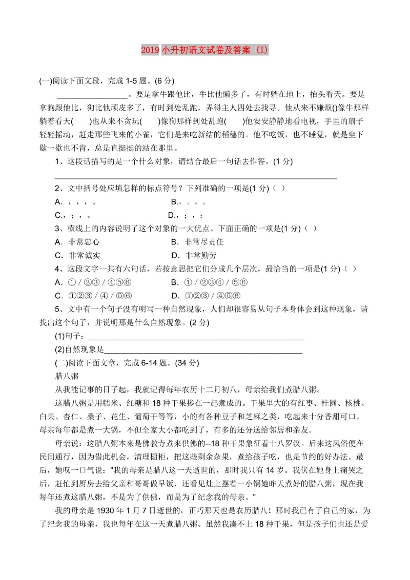 2019小升初语文试卷及答案 (I).doc_第1页