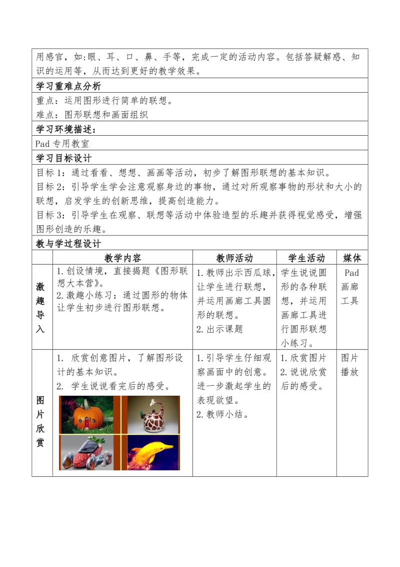 2019-2020年浙美版美术三年级上册《图形联想》电子书包云课堂PAD应用表格式教案设计附教学反思.doc_第2页