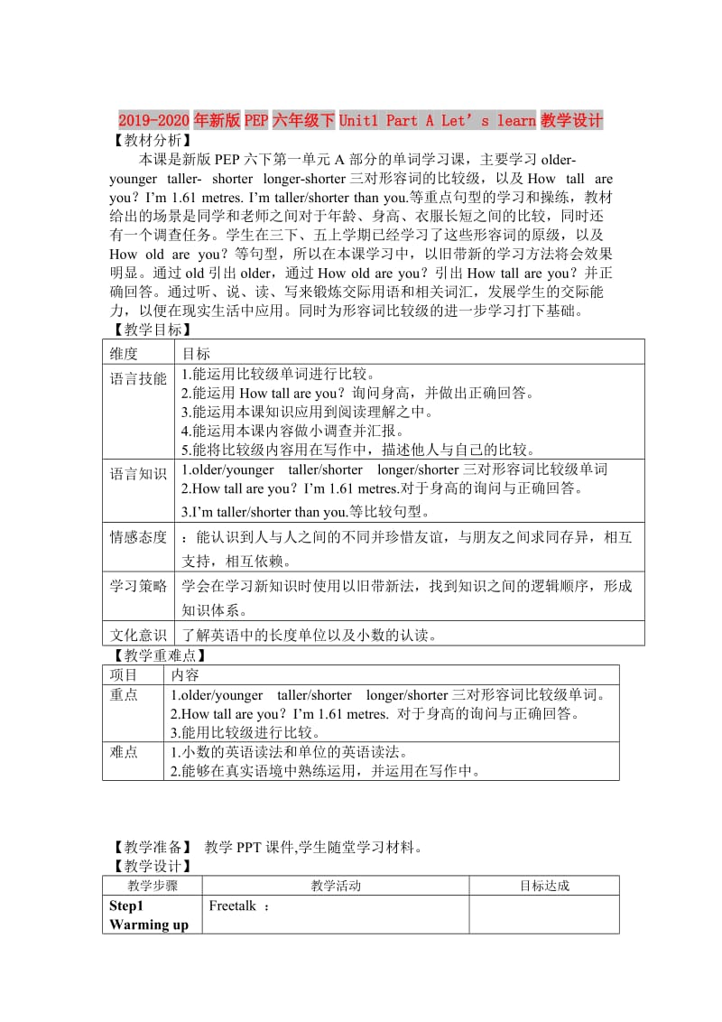 2019-2020年新版PEP六年级下Unit1 Part A Let’s learn教学设计.doc_第1页