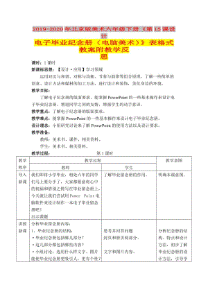 2019-2020年北京版美術六年級下冊《第15課設計電子畢業(yè)紀念冊（電腦美術）》表格式教案附教學反思.doc