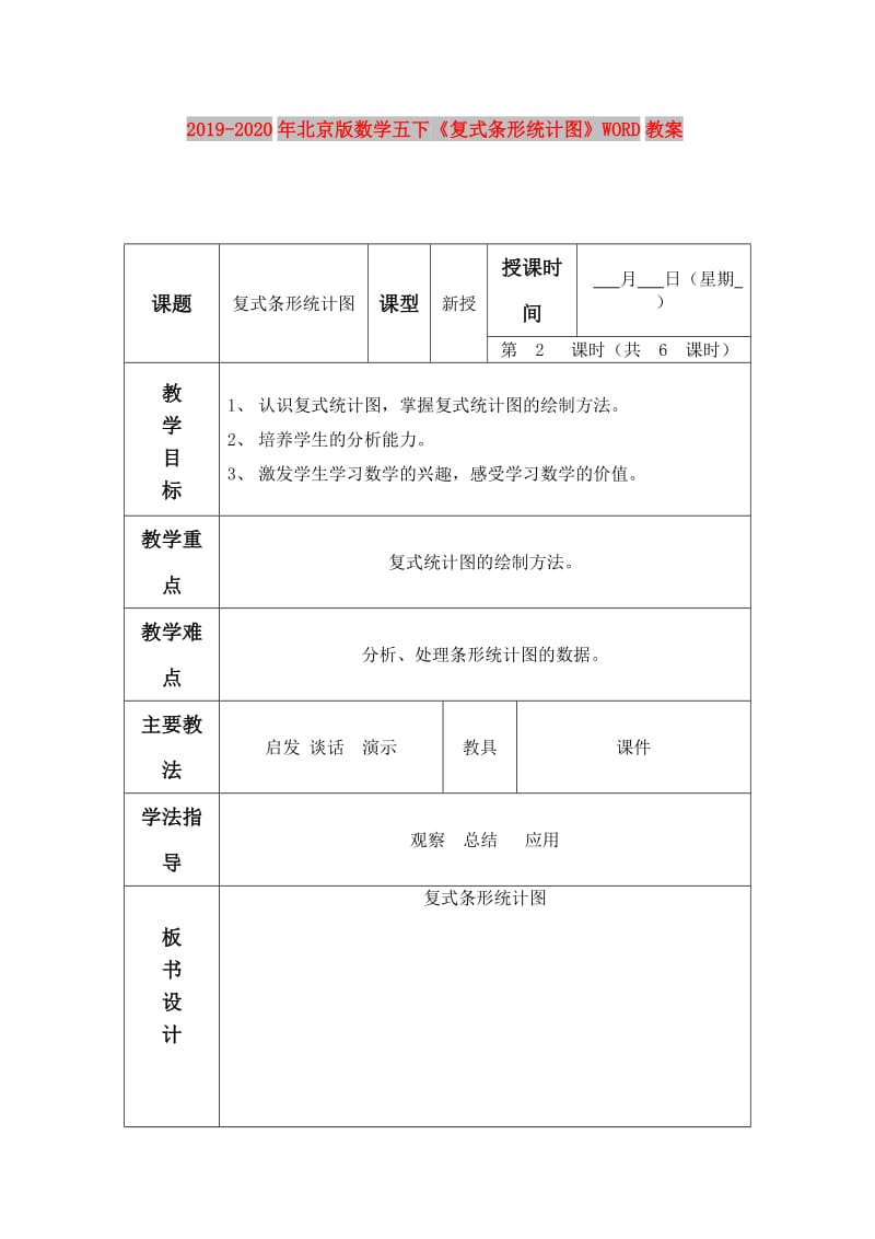 2019-2020年北京版数学五下《复式条形统计图》WORD教案.doc_第1页