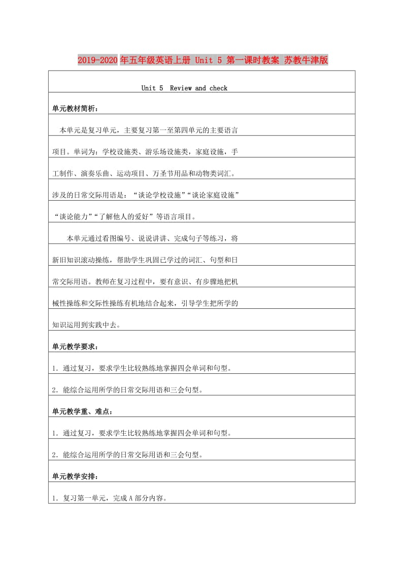 2019-2020年五年级英语上册 Unit 5 第一课时教案 苏教牛津版.doc_第1页