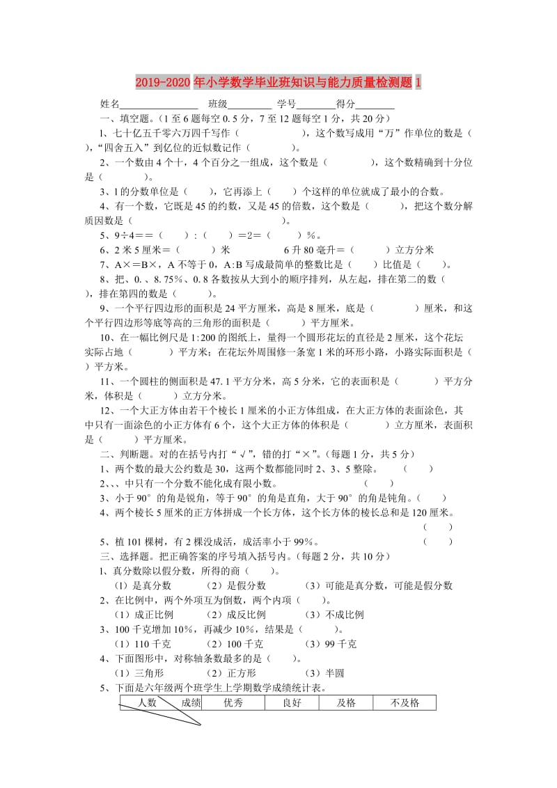 2019-2020年小学数学毕业班知识与能力质量检测题1.doc_第1页