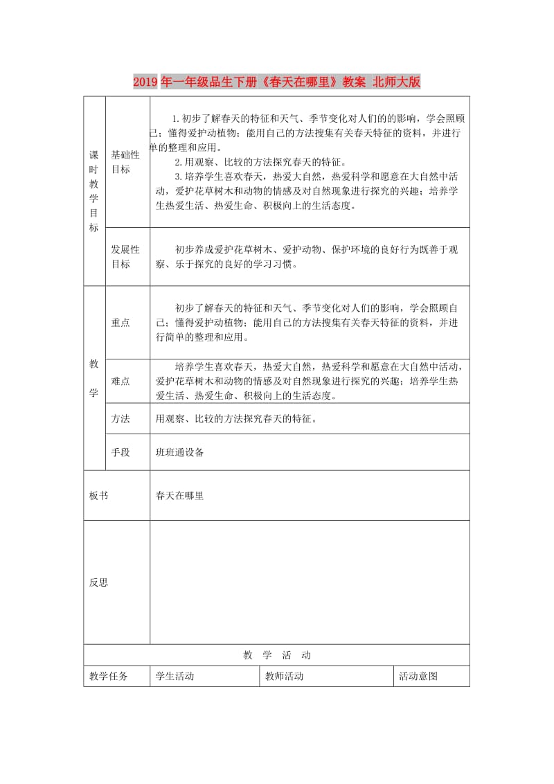 2019年一年级品生下册《春天在哪里》教案 北师大版.doc_第1页