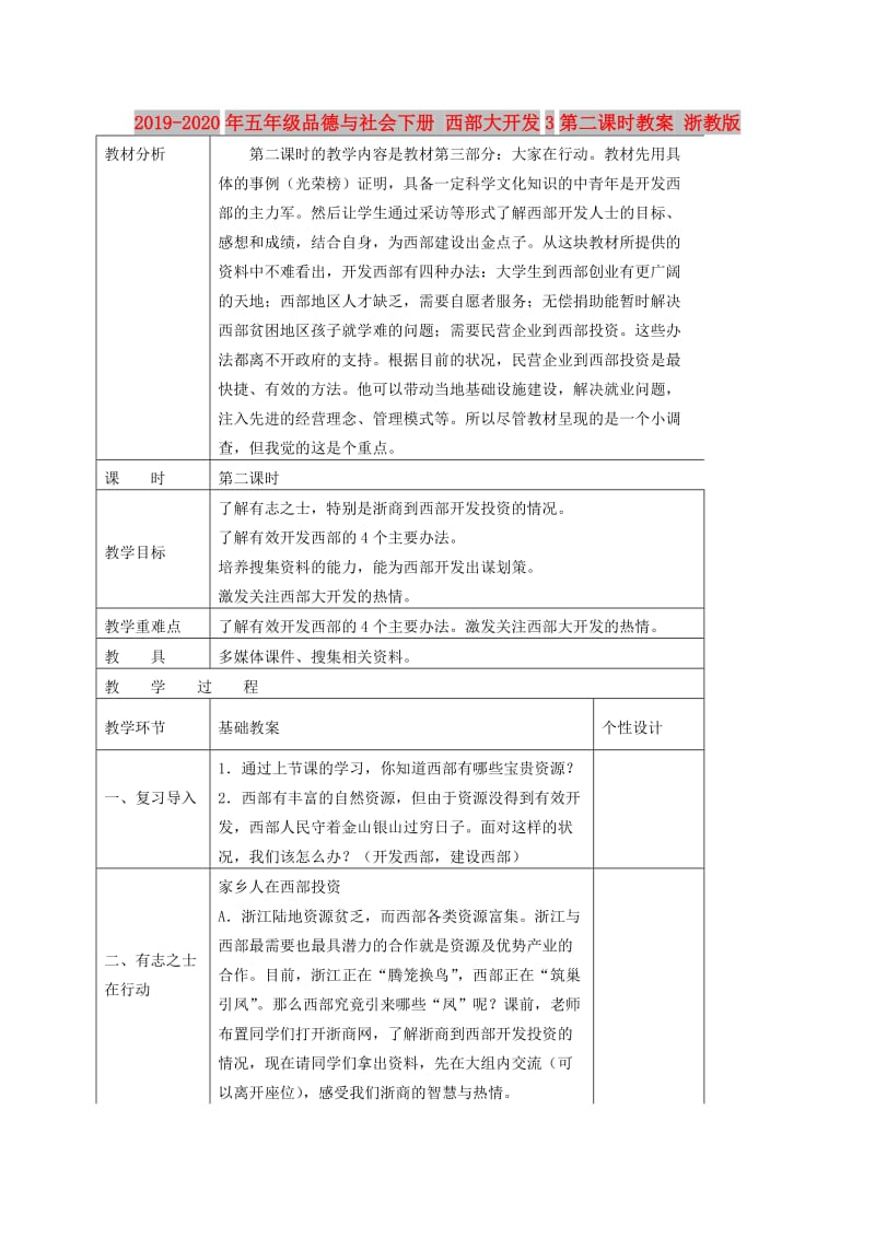 2019-2020年五年级品德与社会下册 西部大开发3第二课时教案 浙教版.doc_第1页