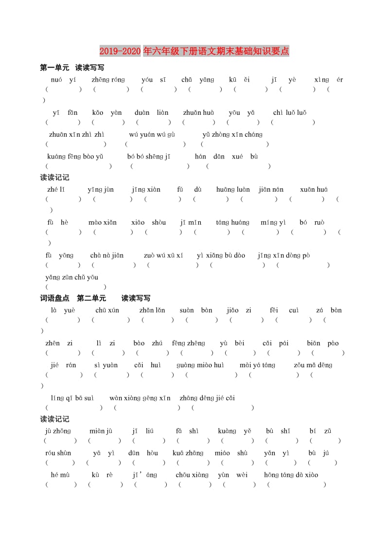 2019-2020年六年级下册语文期末基础知识要点.doc_第1页