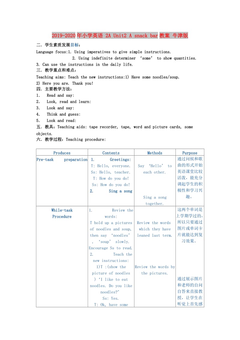 2019-2020年小学英语 2A Unit2 A snack bar教案 牛津版.doc_第1页