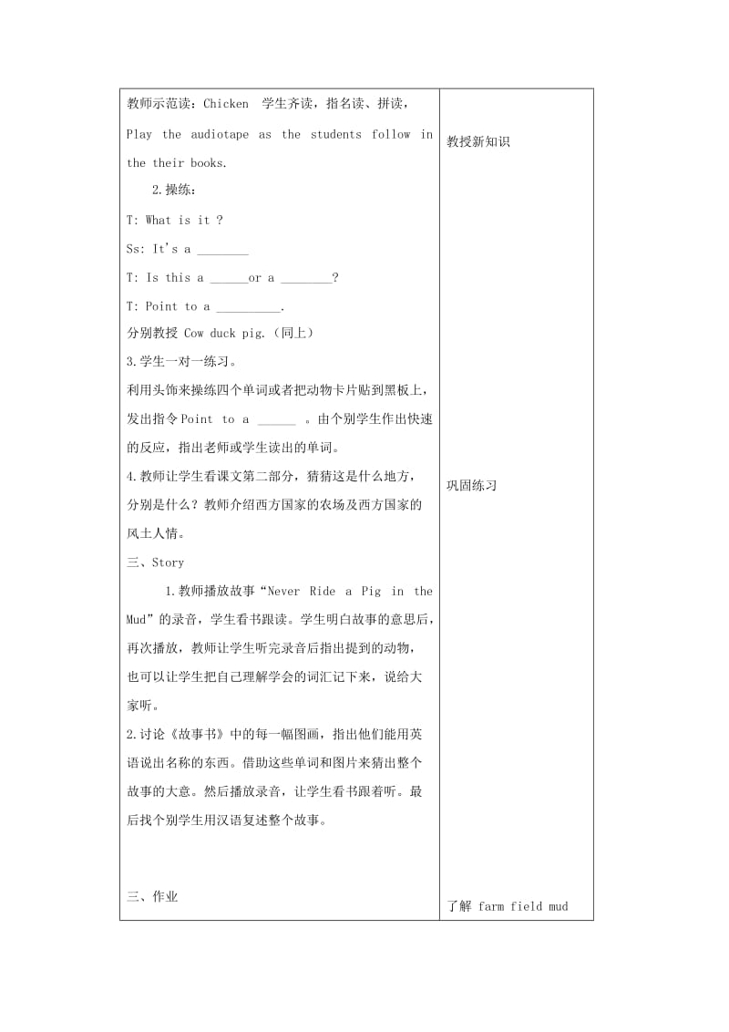 2019-2020年四年级英语上册 Unit3 Lesson17The farm 教案1 冀教版.doc_第2页