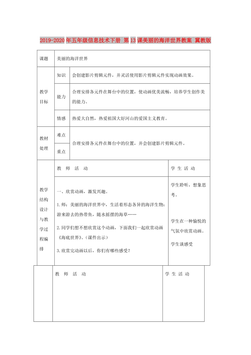 2019-2020年五年级信息技术下册 第13课美丽的海洋世界教案 冀教版.doc_第1页