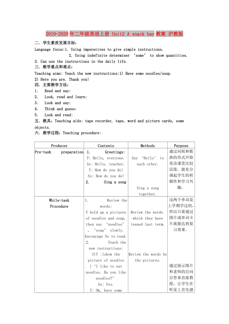 2019-2020年二年级英语上册 Unit2 A snack bar教案 沪教版.doc_第1页