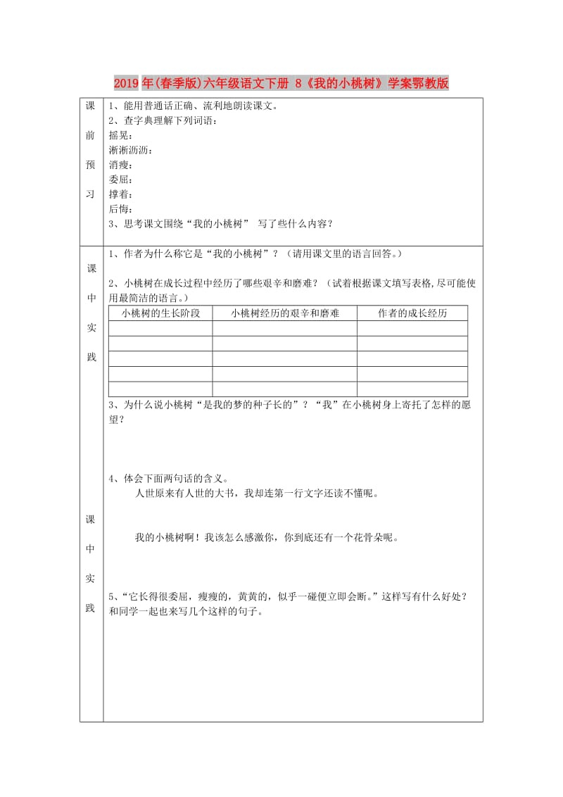 2019年(春季版)六年级语文下册 8《我的小桃树》学案鄂教版.doc_第1页