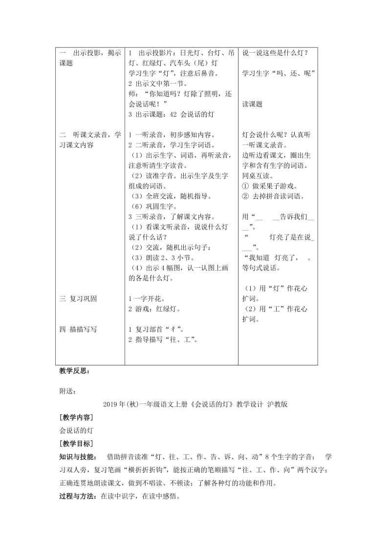 2019年(秋)一年级语文上册《会说话的灯》教学设计 沪教版 .doc_第2页