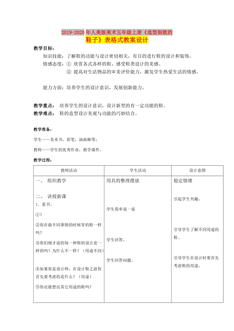 2019-2020年人美版美术五年级上册《造型别致的鞋子》表格式教案设计.doc_第1页