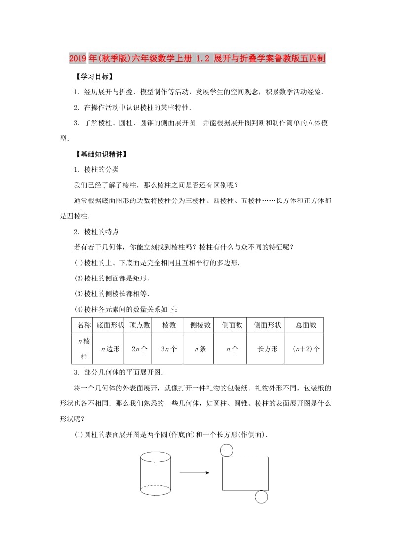 2019年(秋季版)六年级数学上册 1.2 展开与折叠学案鲁教版五四制.doc_第1页