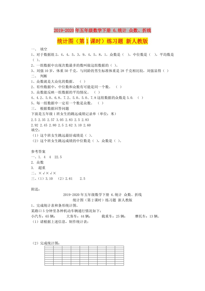 2019-2020年五年级数学下册 6.统计 众数、折线统计图（第1课时）练习题 新人教版.doc_第1页