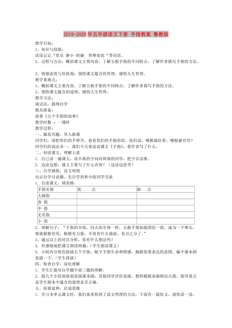 2019-2020年五年级语文下册 手指教案 鲁教版.doc_第1页