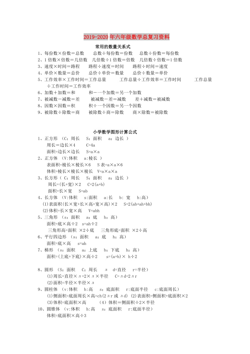 2019-2020年六年级数学总复习资料.doc_第1页