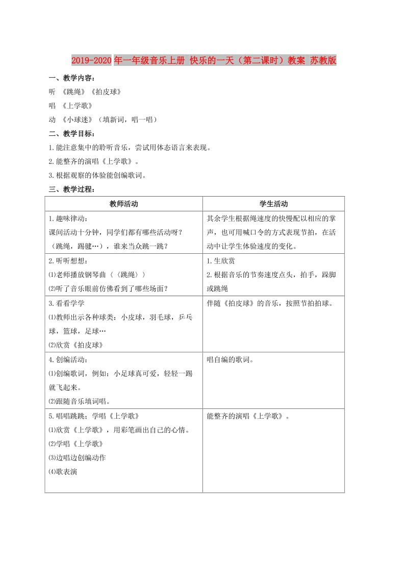 2019-2020年一年级音乐上册 快乐的一天（第二课时）教案 苏教版.doc_第1页