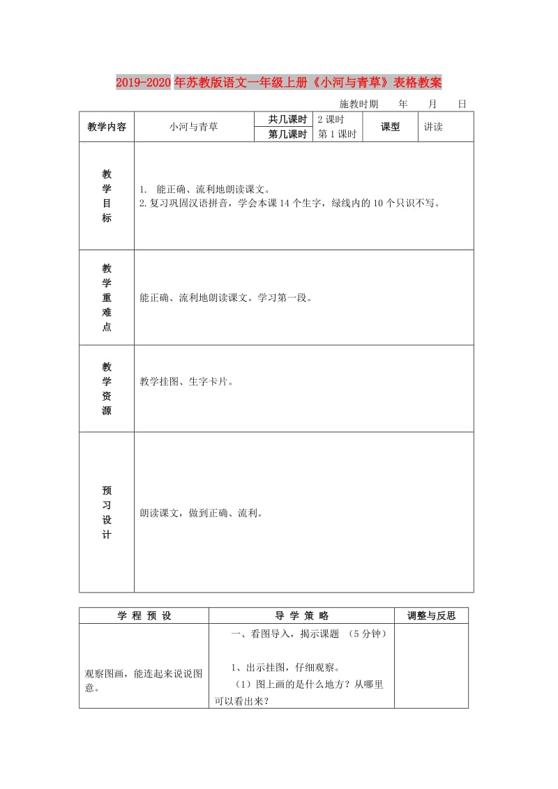 2019-2020年苏教版语文一年级上册《小河与青草》表格教案.doc_第1页