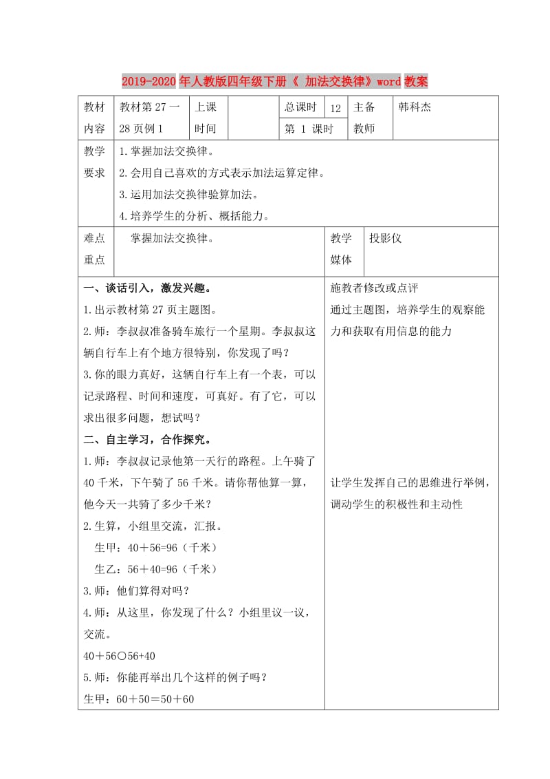 2019-2020年人教版四年级下册《 加法交换律》word教案.doc_第1页