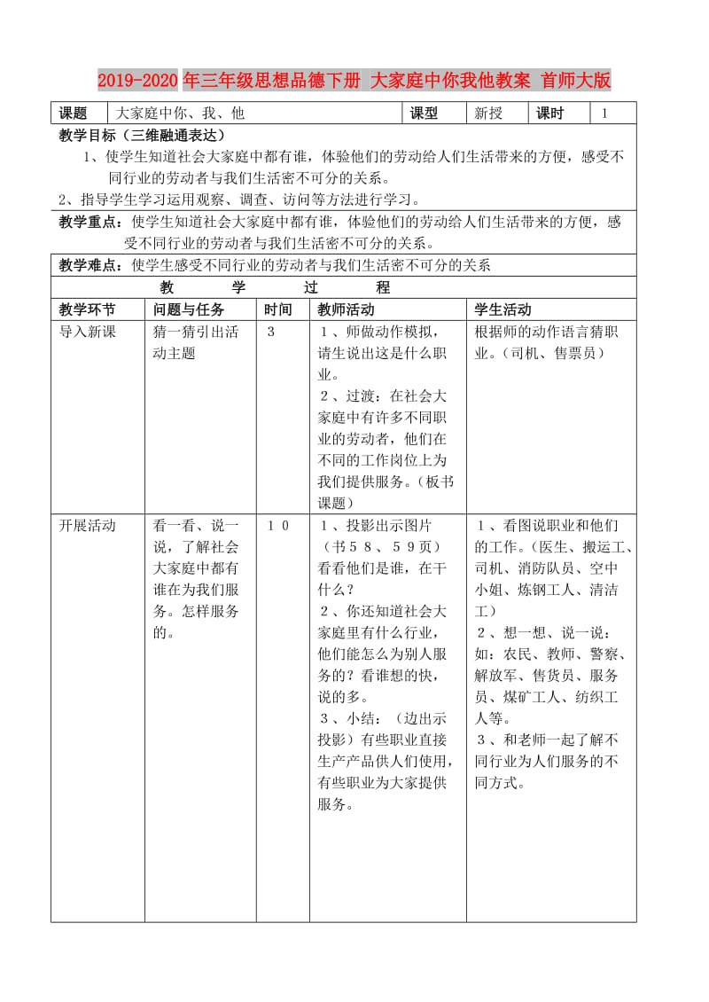 2019-2020年三年级思想品德下册 大家庭中你我他教案 首师大版.doc_第1页