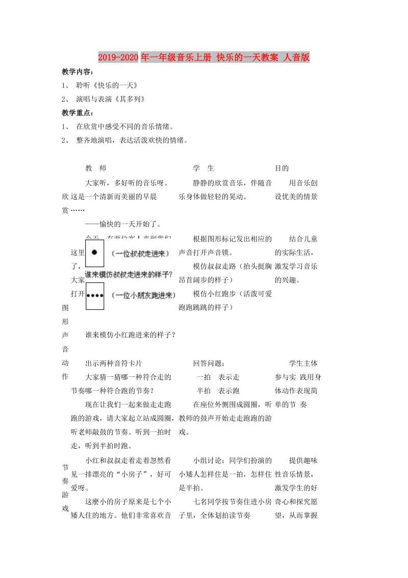 2019-2020年一年级音乐上册 快乐的一天教案 人音版.doc_第1页