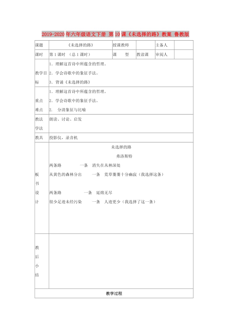 2019-2020年六年级语文下册 第10课《未选择的路》教案 鲁教版.doc_第1页