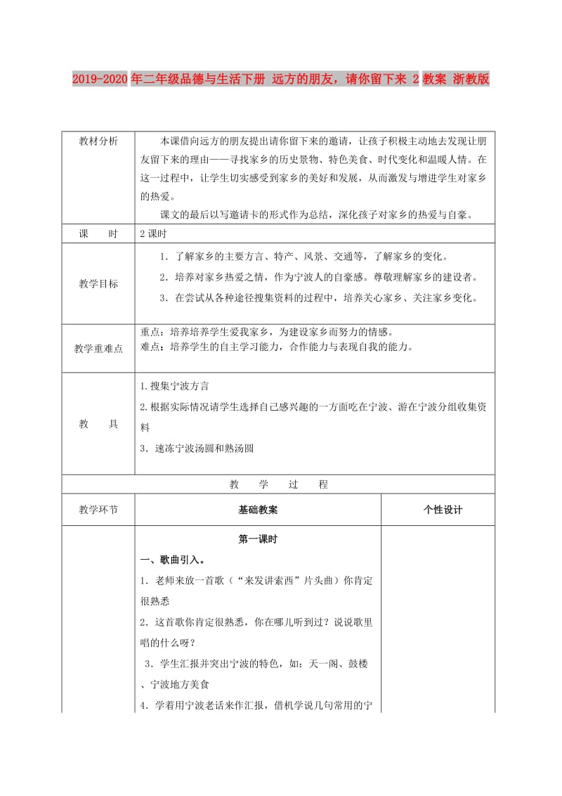 2019-2020年二年级品德与生活下册 远方的朋友请你留下来 2教案 浙教版.doc_第1页