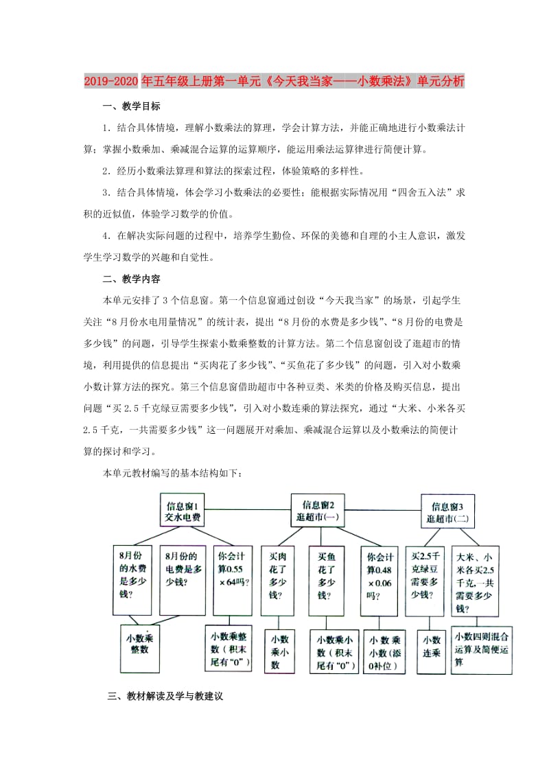 2019-2020年五年级上册第一单元《今天我当家——小数乘法》单元分析.doc_第1页