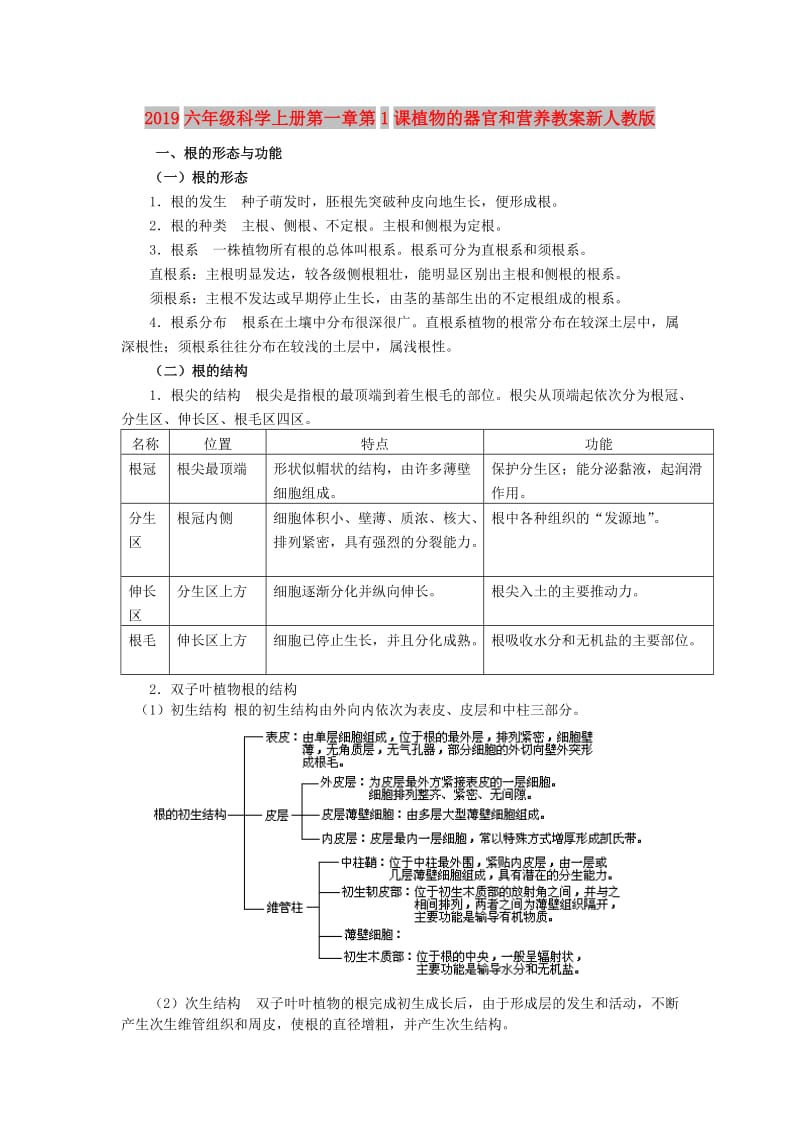 2019六年级科学上册第一章第1课植物的器官和营养教案新人教版.doc_第1页