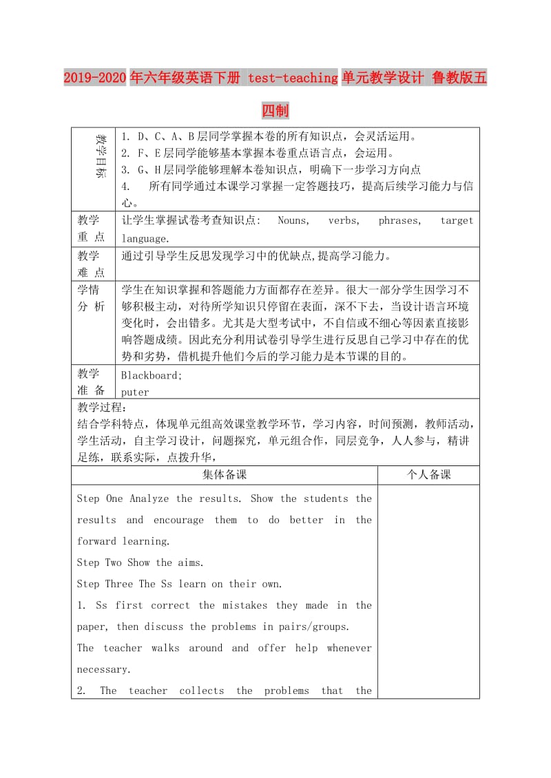 2019-2020年六年级英语下册 test-teaching单元教学设计 鲁教版五四制.doc_第1页