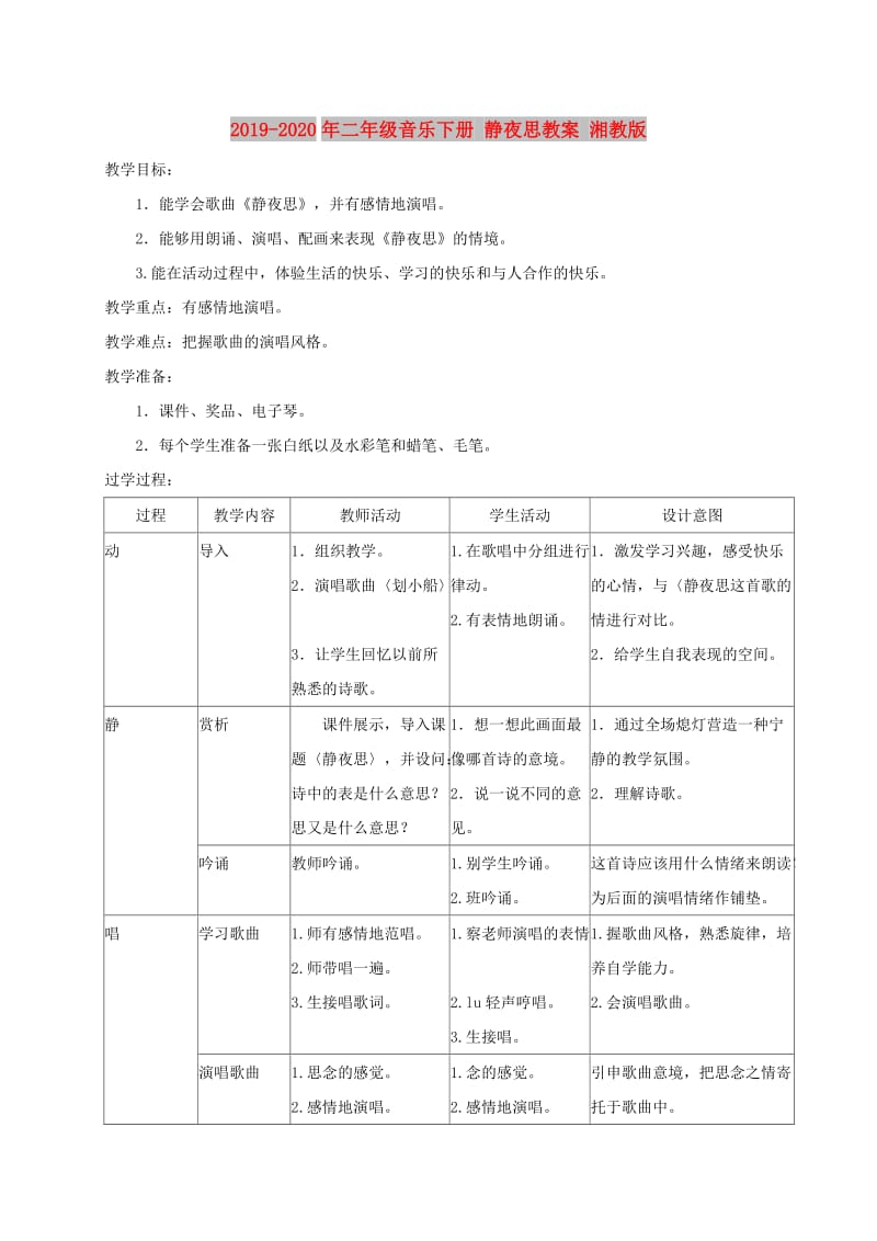 2019-2020年二年级音乐下册 静夜思教案 湘教版.doc_第1页