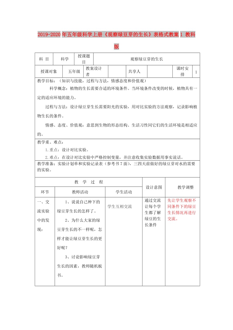 2019-2020年五年级科学上册《观察绿豆芽的生长》表格式教案1 教科版.doc_第1页