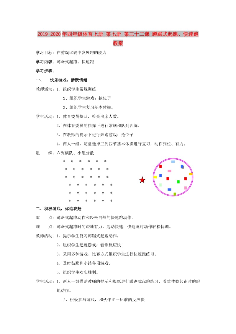 2019-2020年四年级体育上册 第七册 第三十二课 蹲踞式起跑、快速跑教案.doc_第1页