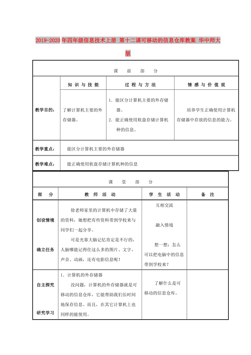 2019-2020年四年级信息技术上册 第十二课可移动的信息仓库教案 华中师大版.doc_第1页