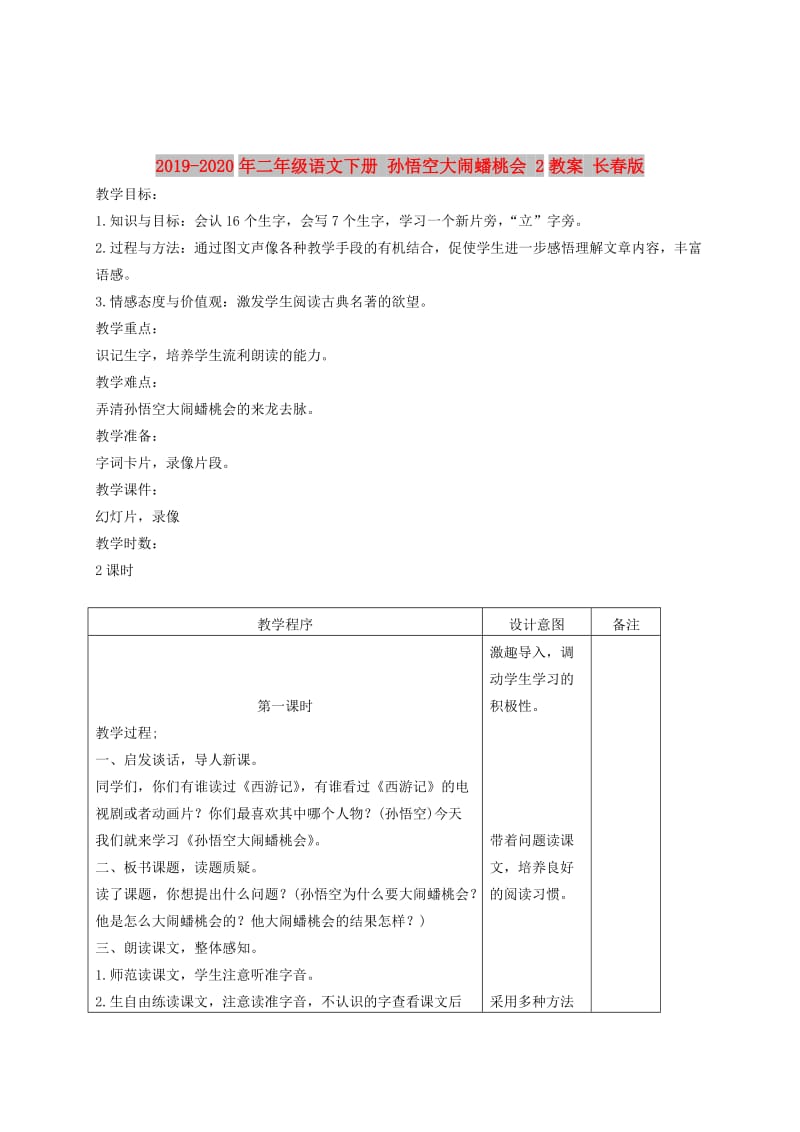 2019-2020年二年级语文下册 孙悟空大闹蟠桃会 2教案 长春版.doc_第1页