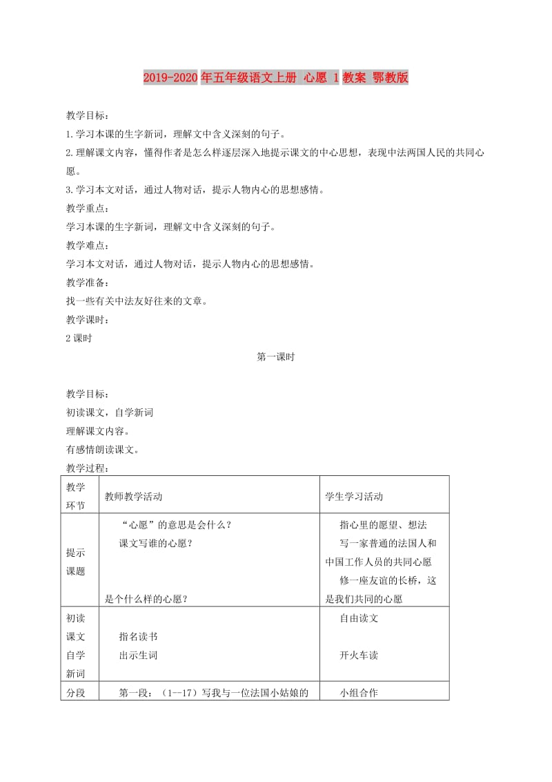 2019-2020年五年级语文上册 心愿 1教案 鄂教版.doc_第1页