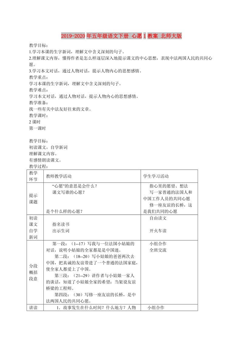 2019-2020年五年级语文下册 心愿1教案 北师大版.doc_第1页