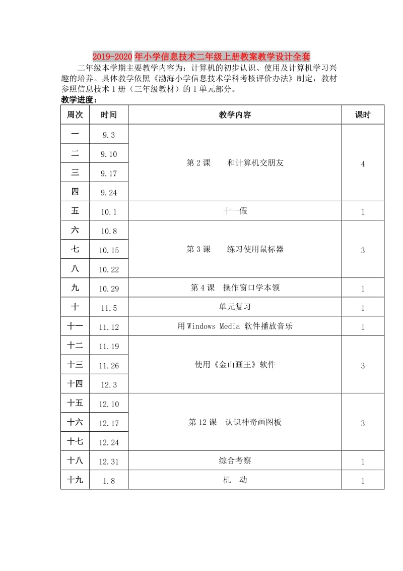 2019-2020年小学信息技术二年级上册教案教学设计全套.doc_第1页